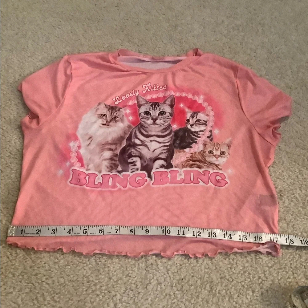 Shein Curve Romwe Pink Sheer Ruffle Edge BabyDoll Crop Kitten Cats Shirt 1X plus
